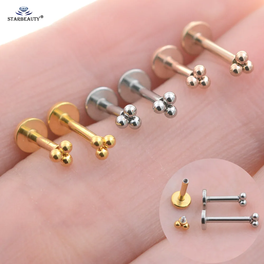 2Pcs 16G Bar 2.7mm Three-Balls Nose Ring Stud Earrings Women Labret Lip Ear Piercing Helix Tragus Cartilage Lobe серьги Jewelry