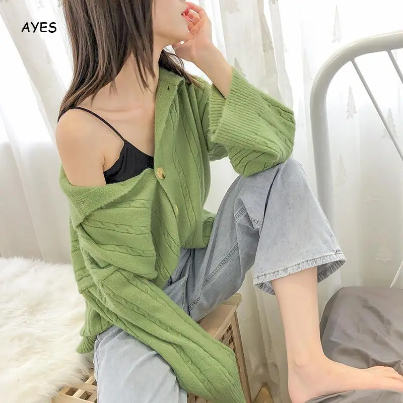 Cardigans Sweater Women Korean Style Lapel Collar Solid Knitwear Single Breasted Green White Casual Knit Cardigan Mujer Outwear
