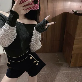 

CXFS 2020 New Spring Women Casual Fashion Hollow Out Pullovers Patchwork Off Shoulder Slash Neck Sweater Streetwear Korean black