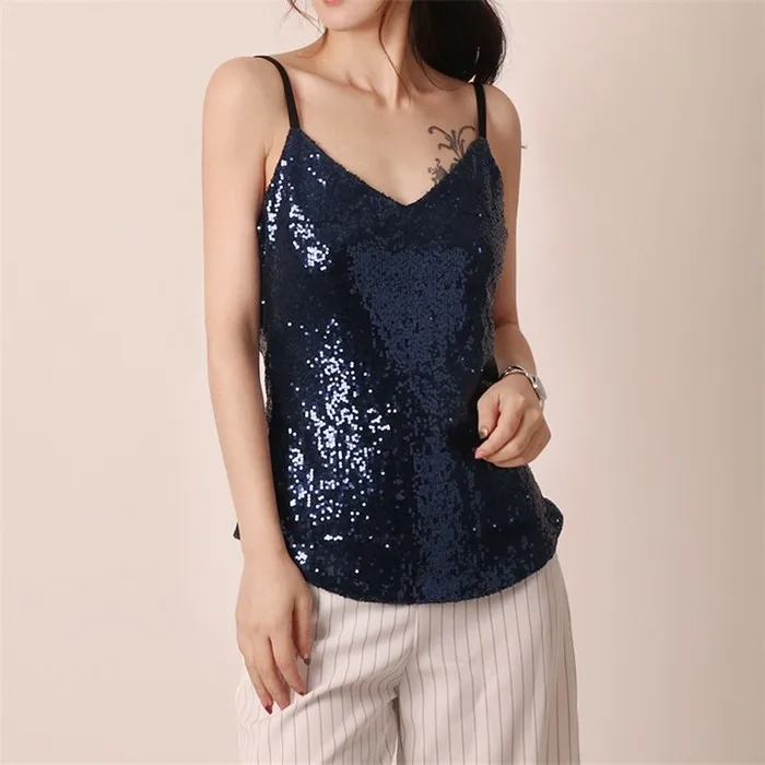 Летняя мода милый тонкий сексуальный лоскутный Полный блестками SML XL XXL с открытой спиной v-образным вырезом Спагетти ремень женский домашний топ в стиле кэжуал леди Camis