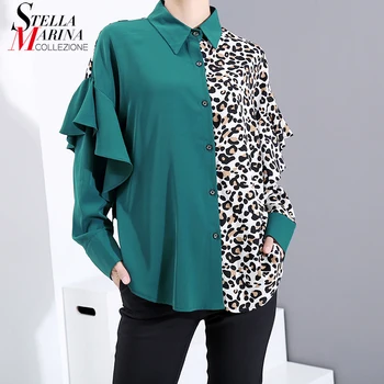 

New 2019 Korean Style Women Long Sleeve Blue Dress Leopard Patchwork Ladies Casual Blouses Feminine Shirt chemise femme 5812