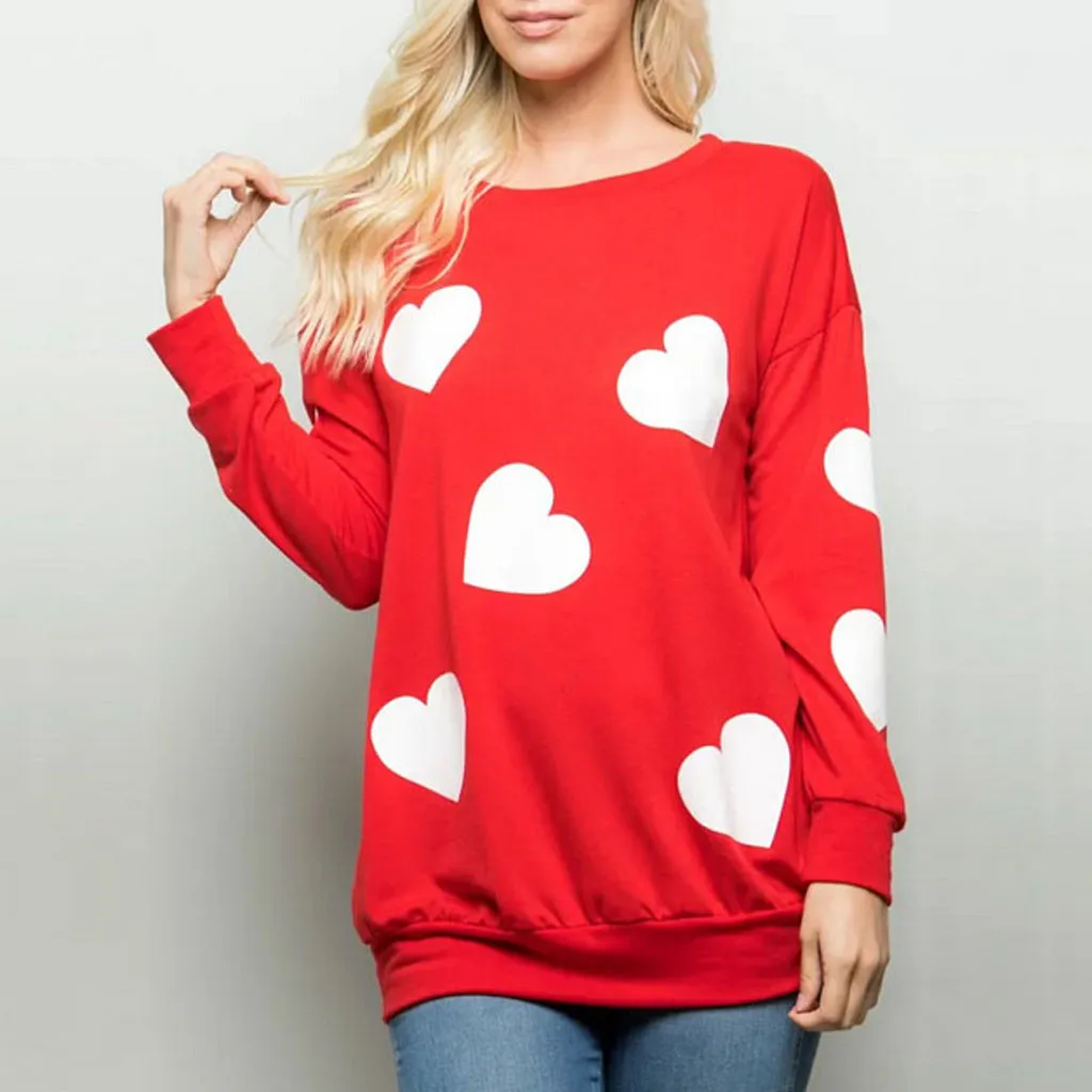 Roupas Femininas, Женская свободная футболка с длинным рукавом и принтом в виде сердца, женская футболка с круглым вырезом, топы, футболка с круглым вырезом, футболки-валентинки, толстовка