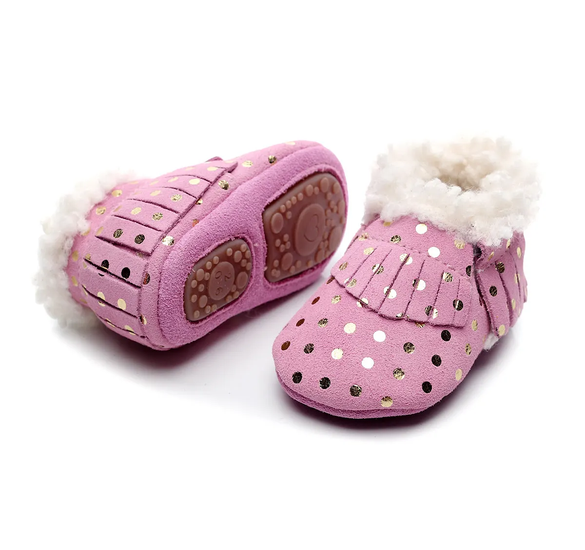 Лидер продаж; замшевая теплая обувь с бахромой для новорожденных; детская зимняя блестящая обувь в Золотой горошек; Мокасины с твердой подошвой; высокое качество - Цвет: light purple