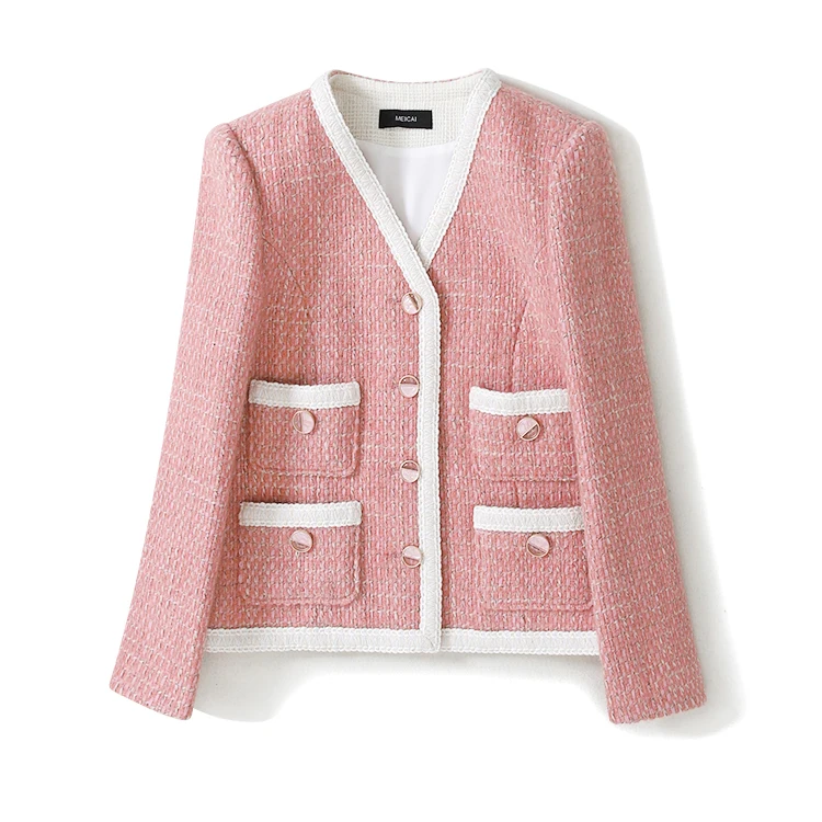 Peach pink Высокое качество, Европа, Америка, Ранняя осень, стиль, твидовый узор, изящное пальто, v-образный вырез, длинный рукав, пряжка, топы - Цвет: Peach pink