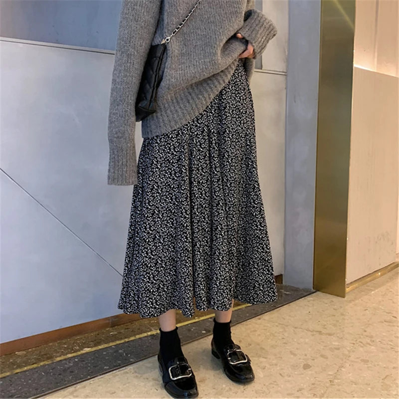 

Women Elegant Floral Print Pleated Skirt Elastic High Waist Long Skirt Female Autumn Ladies High Quality Midi Skirt Saia