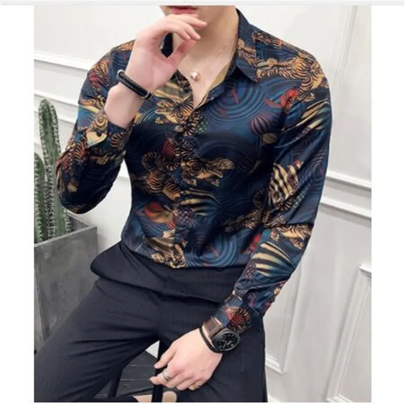 Роскошный рубашка со звериным принтом Для мужчин Slim Fit рубашка с длинными рукавами Camisa Masculina синяя Сорочка мужская, для общественных мест Для мужчин клуб нарядная рубашка