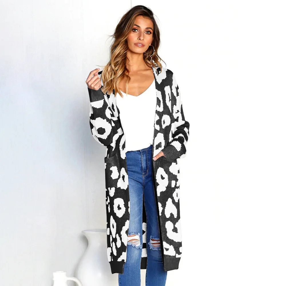 

Autumn Winter Explosions Sexy Wild Style Leopard Knitted Long Cardigan Female Open Stitch Sweater Jacket 3031