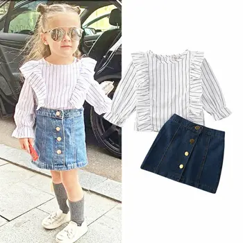 

2019 Newborn Baby Girls Kids Fly-Sleeve white Striped T-shirt top Button Denim Skirt sweet girls Autumn Outfit Clothes 1-6Y