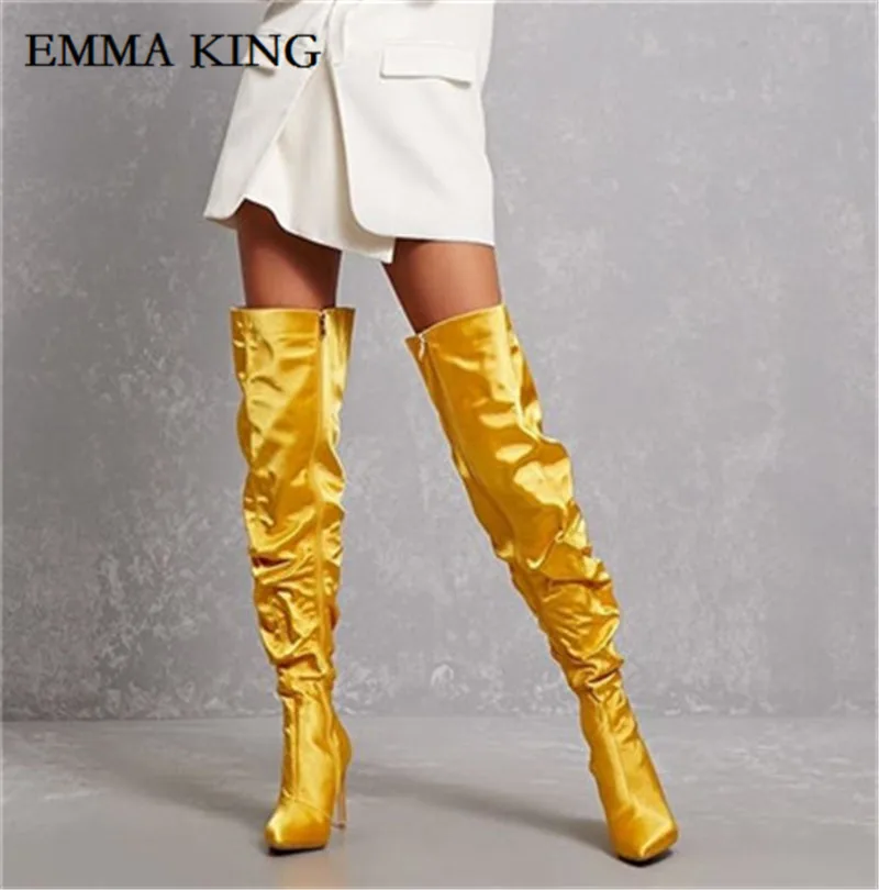 Emma king/женские модные розовые шелковые Сапоги выше колена на высоком каблуке с острым носком; пикантные высокие сапоги-гладиаторы до бедра; женские сапоги с объемным голенищем