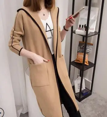 Khaki Женский вязаный кардиган средней длины, свитер, куртка, весенний Свободный Топ с капюшоном, Осенний темперамент, вязаный свитер, пальто для женщин, OK329 - Цвет: Khaki