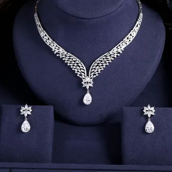

JaneKelly Luxury Sparking Brilliant Cubic Zircon Drop Earring Necklace Bride necklace Set Wedding Bridal jewelry sets