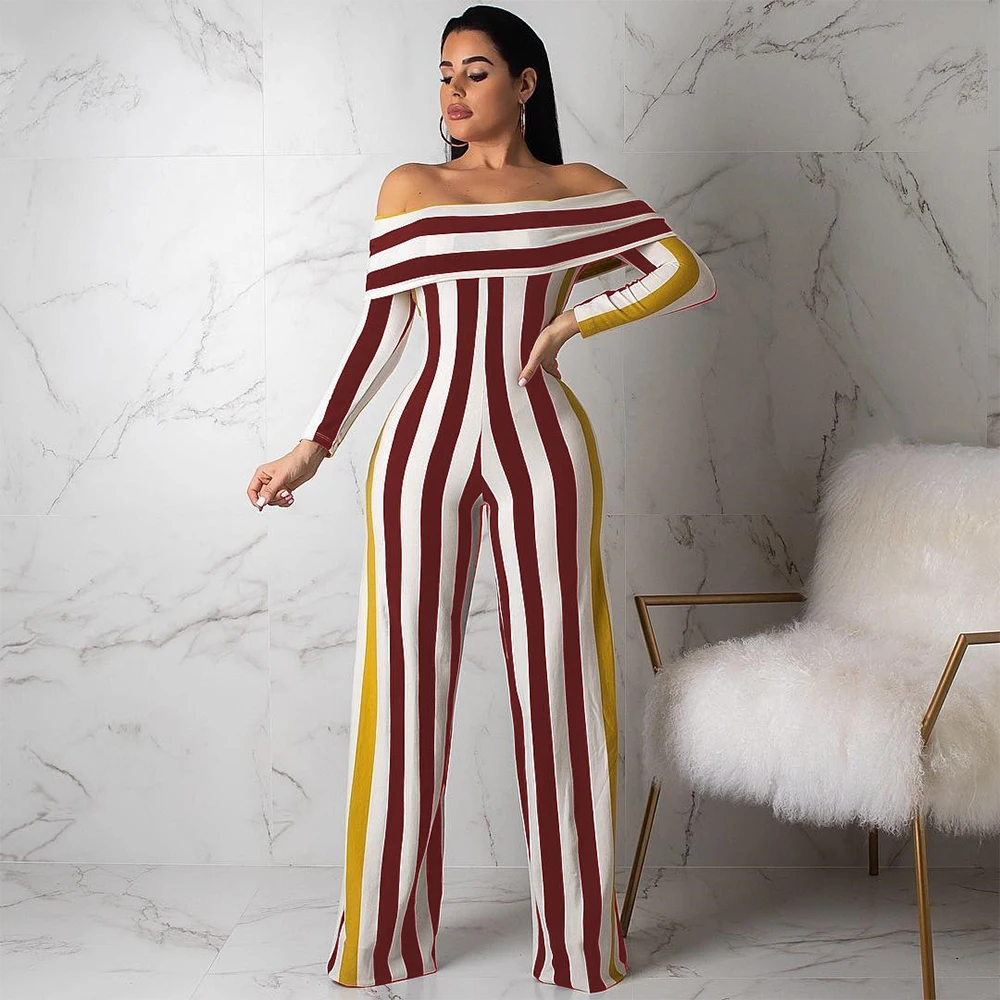 Tanie Kobiety w paski Off Shoulder Butterfly rękaw Slash Neck proste kombinezon Party noc Clubwear Plus rozmiar Bodycon pajacyki Playsuit