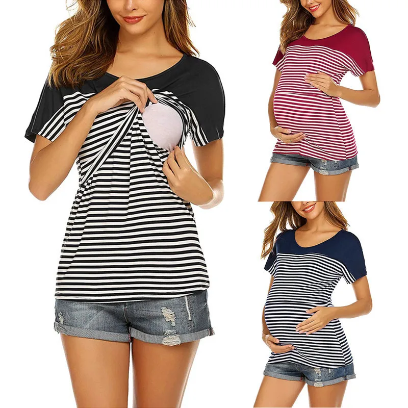 Maternity Clothes Short Sleeve Nursing T-Shirts Breastfeeding Tops New Pregnant Women Striped Shirts Pregnancy Clothing Big Size fashion women clothing new blue striped ruffles shirts sexy slash neck off the shoulder casual long sleeve t shirts blusas mujer