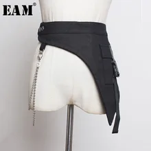 [EAM] Черный Асимметричный широкий ремень с цепной пряжкой и разрезом для женщин, новая мода, подходит ко всему, Осень-зима, 1K141