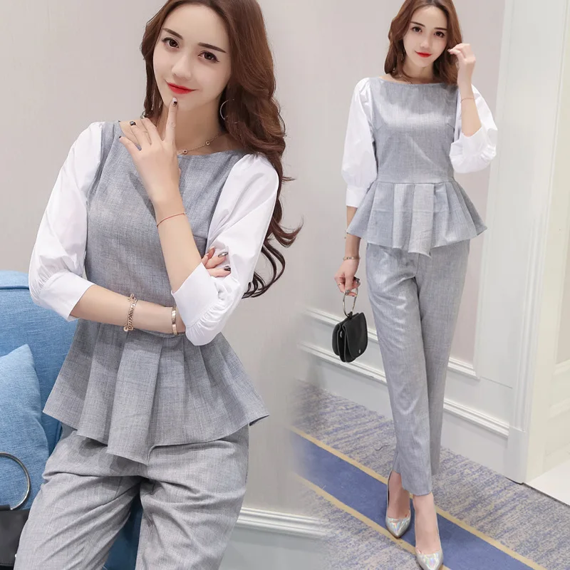 

2019 New Style Summer Set Sleeve Pieces Suit Skirt Two Pieces Ninth Sleeve Fashion Set Solid Color Summer Slimming Women's