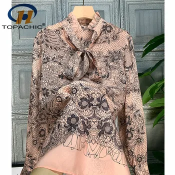 

12.12 2020 New Fashion Ruffles Collar Bow Print Pattern Silk Pleated blouse Women