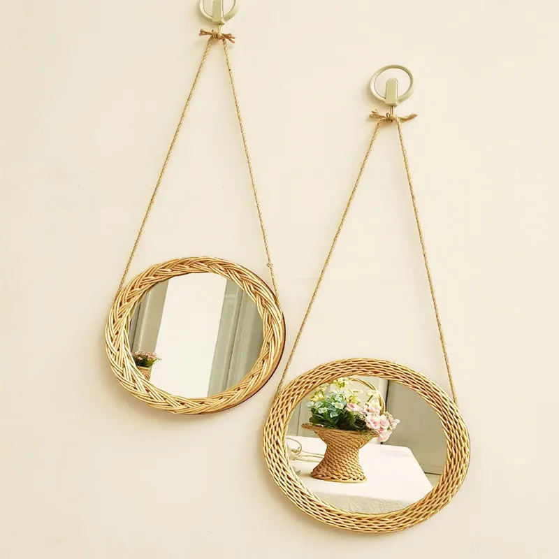 Rattan Wicker Frame Decorative Mirror Wall Hanger Cosmetic Unique Retro Pattern Trendy | Дом и сад