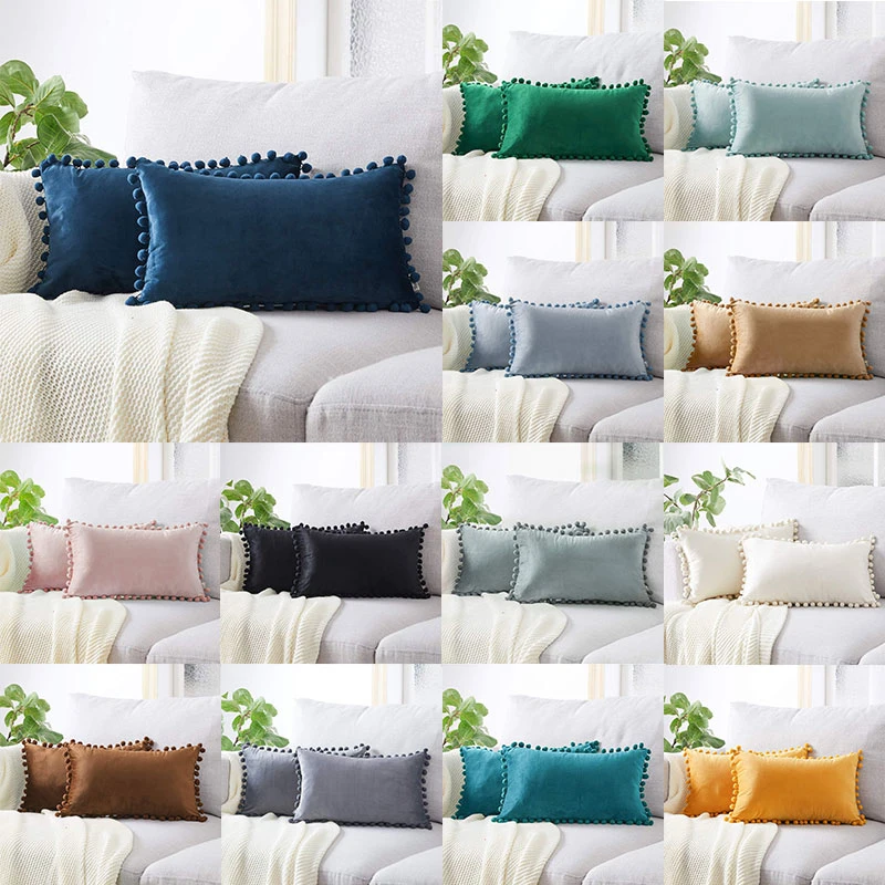 

Velvet With Fuzzy Ball Pillowcase Soft Throw Pillows Covers Decorative Cushion Cover Pillow Case Fashion Home Household Decor
