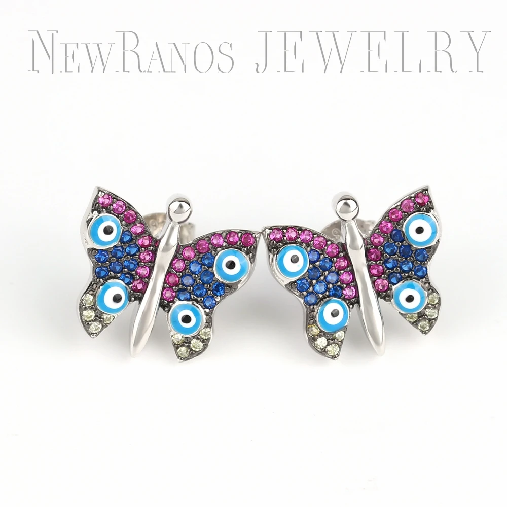 925 стерлинговые серебряные серьги гвоздики с фианитом Эмаль Бабочка Серьги