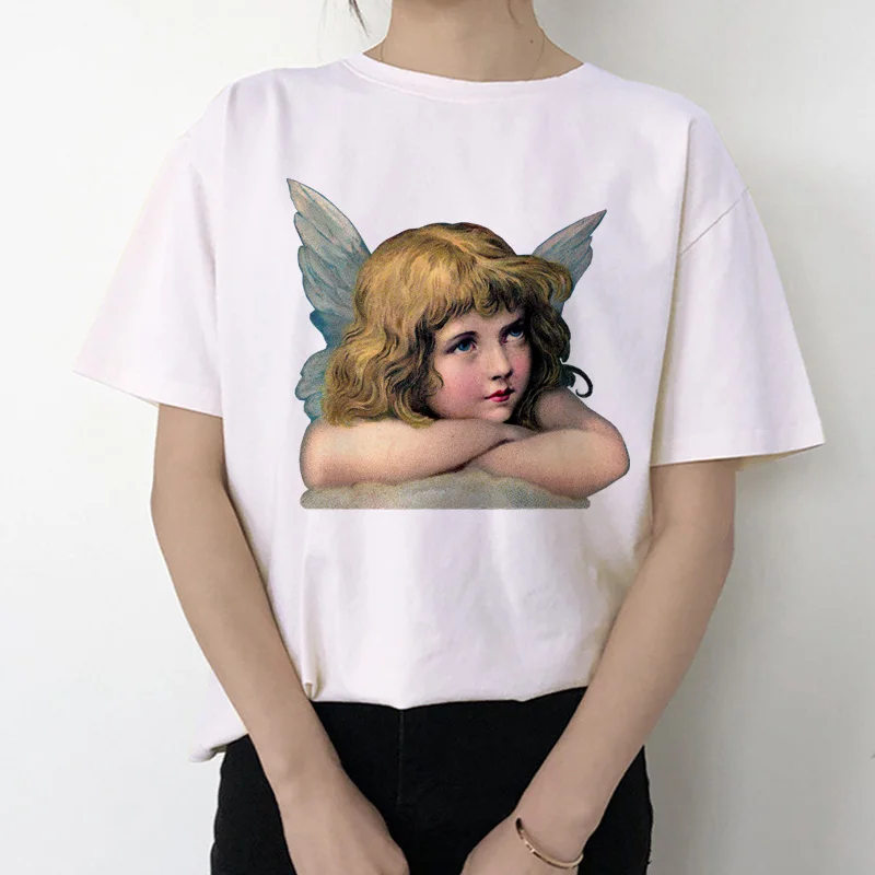 Футболка ангела Женская Kawaii печать 90s модная, с короткими рукавами женская забавная футболка винтажная мода футболка футболки с забавным принтом Ullzang - Цвет: 1045