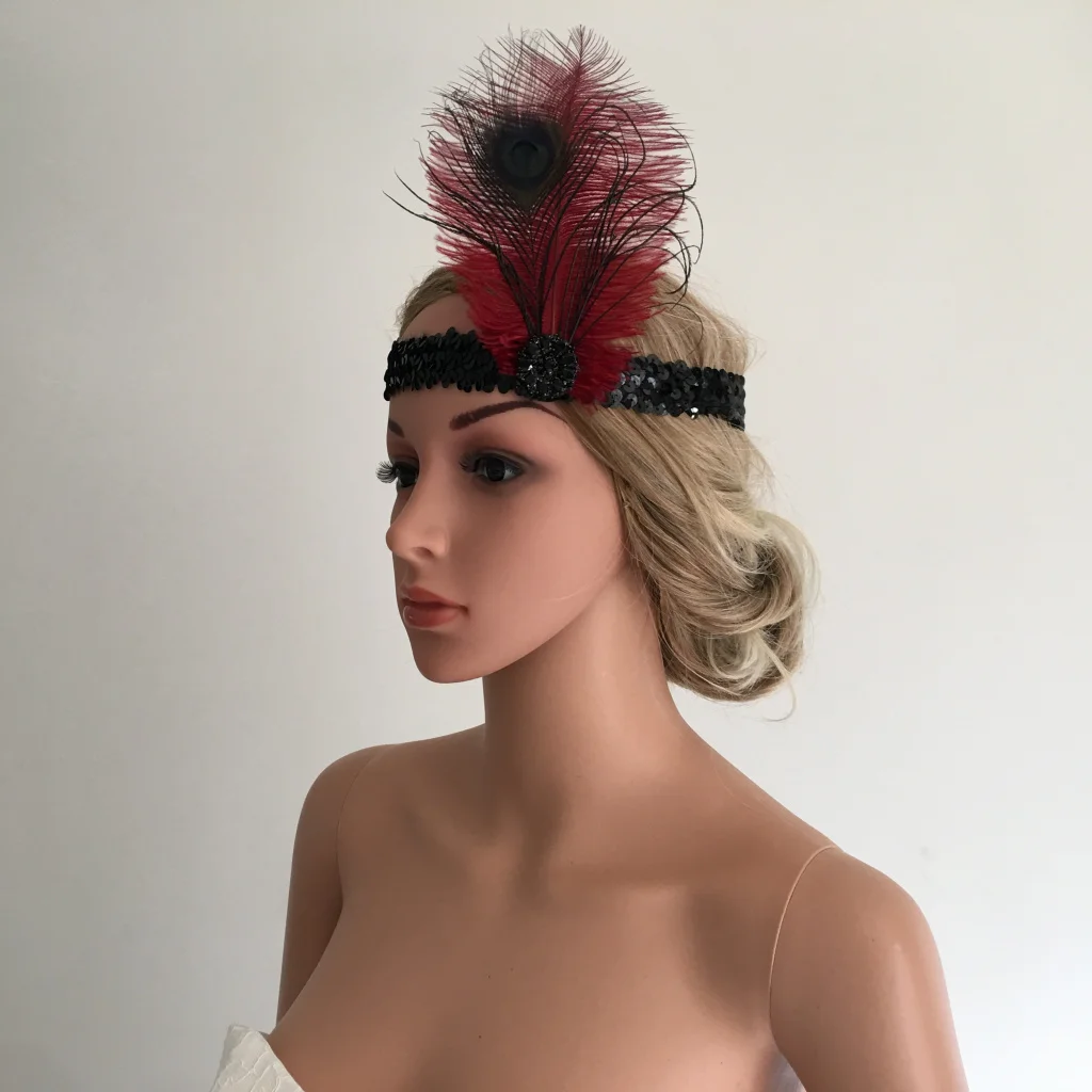 Wine Feather Flapper Headband 1920s Stretchy Headdress Charleston Headpiece