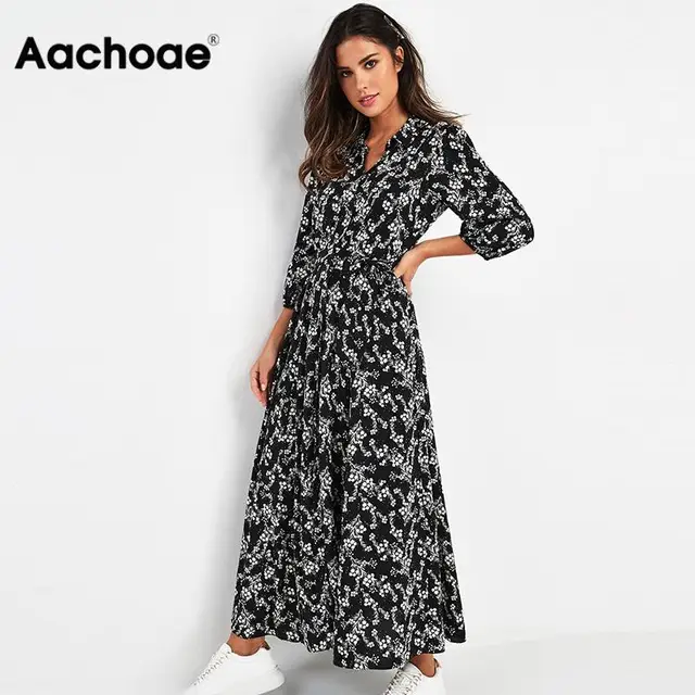 US $12.20 Vintage Floral Print Maxi Dress Women Boho Three Quarter Sleeve Long Sashes Dress Turn Down Collar 