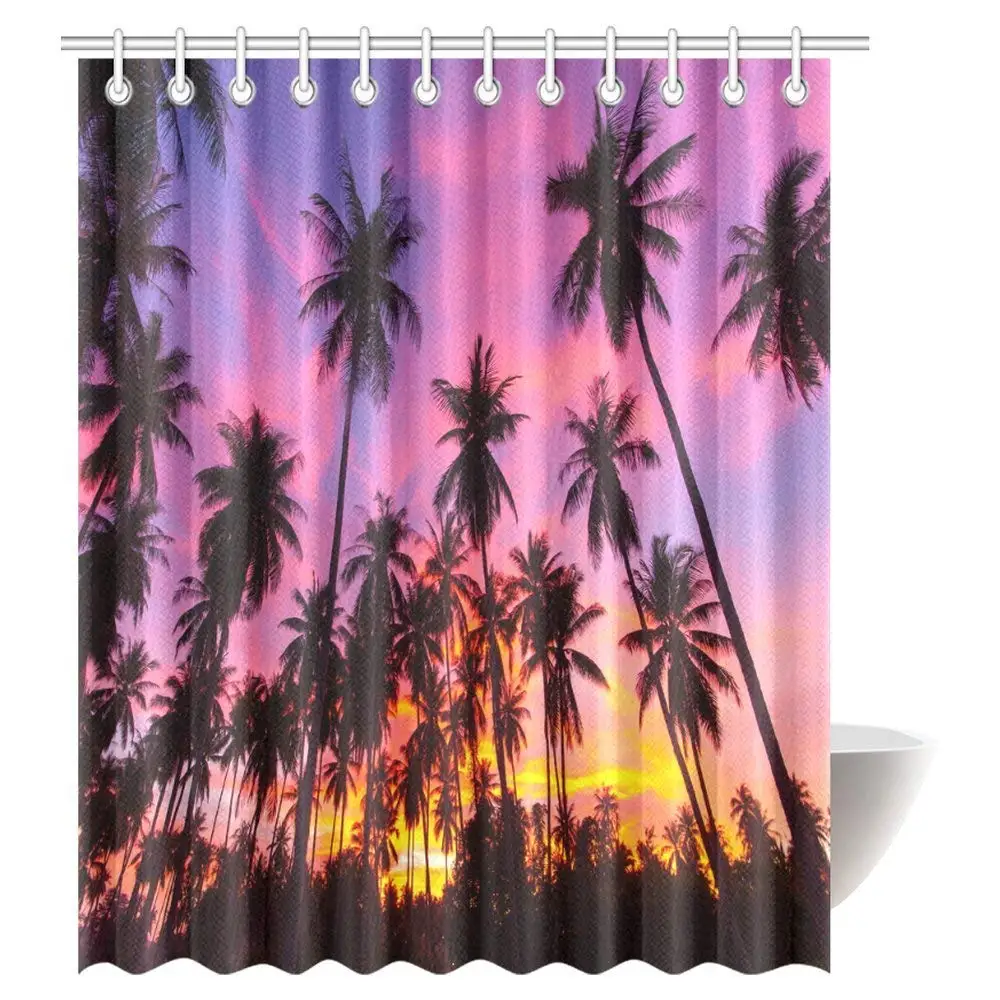 

Ocean Decor Shower Curtain, Palm Trees Silhouette at Sunset Dreamy Beyond The Relaxing Ocean Dusk Warm Twilight Design Bathroom