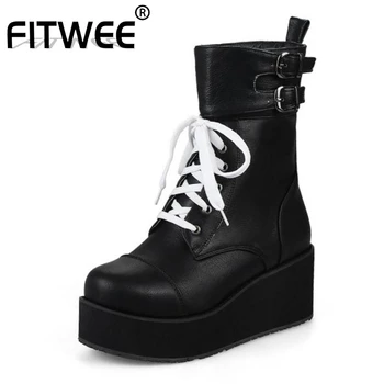 

FITWEE Size 34-46 Women High Wedges Boots Metal Buckle Lace Up Fur Winter Ankle Boots Fashion Classic Warm Women Shoes