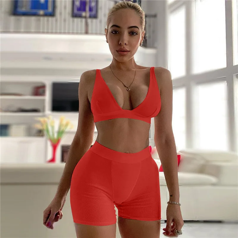 2PCS/Set Sexy Women Sleeveless Strap Bra Bustiers Tank Vest Crop Tops High Waist Shorts Pants Trousers Tracksuit Summer 2021 plus size formal pant suits