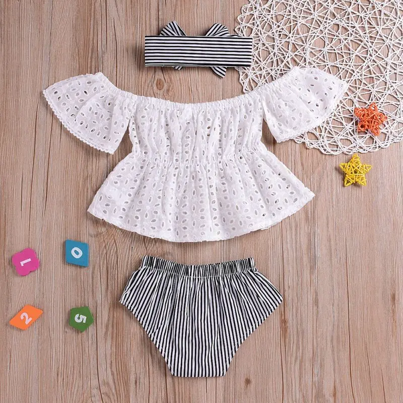 

3pcs/set Hollow Design Pullover Striped Baby Girl Outfits Set Off-shoulder Top T-shirt+Striped PP Shorts+Headband Infant Clothes