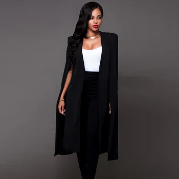 

Plus Size England Style Cloak Cape Long Blazer Solid Women Clothes Fashion Loose Causal 2019 Autumn Black White Jacket and Coat