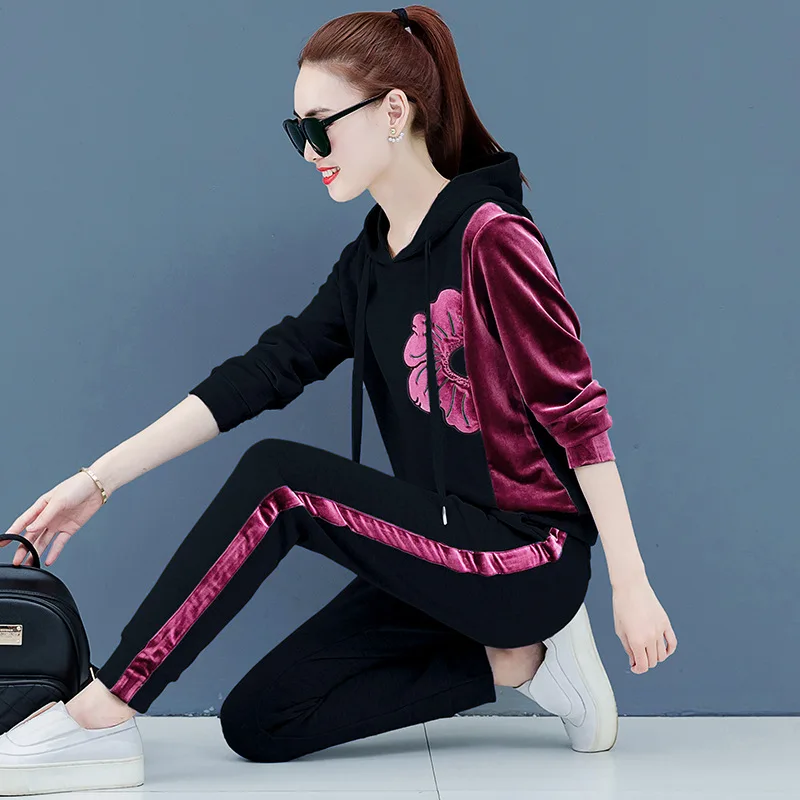 Womens Velour Tracksuit Set Casual Zipper Long Sleeve 2 Pieces Outfits Hoodie Sweatshirt& Sweatpants Size with Pocket M-3XL