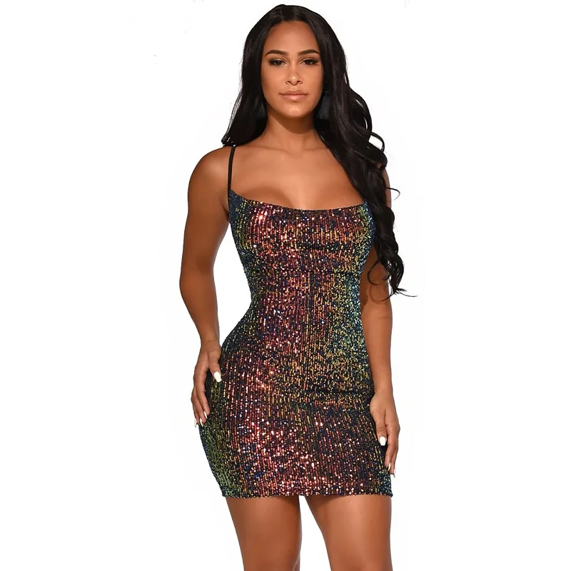 

2019 new shiny spaghetti strap sheath dress ladies night club style square collar package hip sexy mini dress DQ360