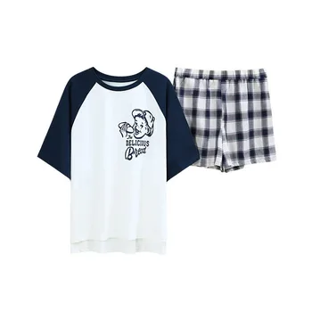 

2020 New Summer Pajamas Women's White Cartoon Printing Short Sleeves + Shorts Plaid Thin Home Clothes Two Piece Set Homewear