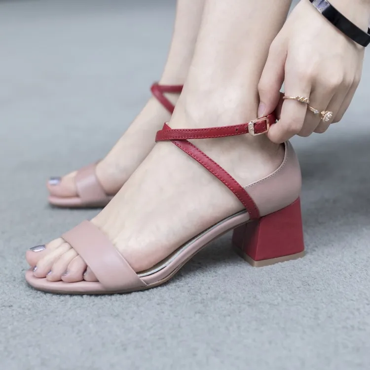 

Korean-style Online Celebrity Mixed Colors Semi-high Heeled WOMEN'S Sandals Summer Cowhide Peep-Toe Cross Belt Simple Chunky-Hee