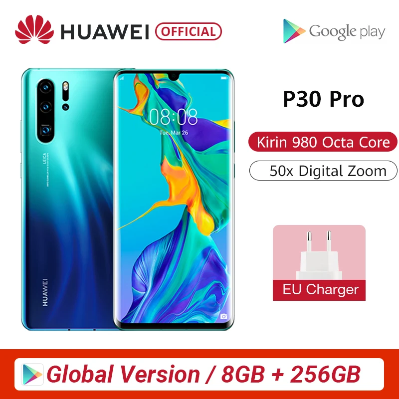 Глобальная версия huawei P30 Pro 8 Гб 256 Kirin 980 Octa, четыре ядра, смартфон с функцией отпечатков пальцев(50x цифровой зум Quad Камера 6,47 ''Full Экран OLED NFC