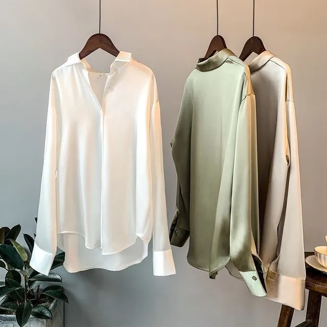 High Quality Elegant Imitation Silk Blouse Spring Women Fashion Long Sleeves Satin Blouse Vintage Femme Stand