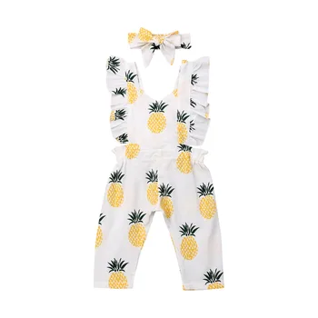 

0-24M Cute Newborn Baby Girl Ruffles Sleeve Pineapple Print Baby Romper Jumpsui Playsuit Headband 2PCS Clothes