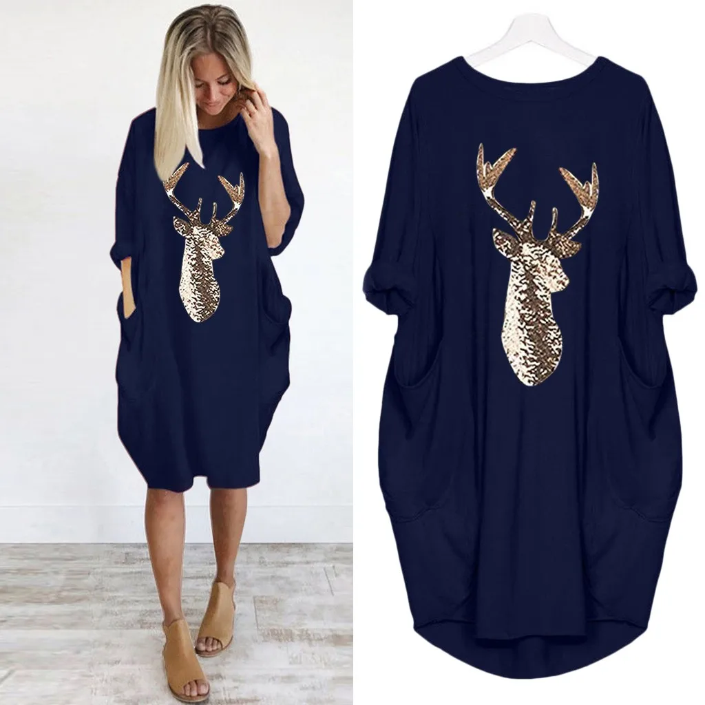 O Neck Long Pocket Christmas Dress