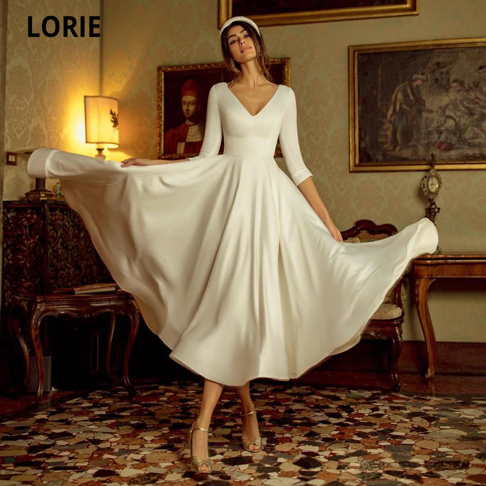 Lorie Simple White Tealength Wedding Dresses With Half Sleeve Soft