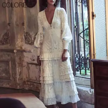 

Sexy White/Black V-neck Long Sleeve Lace Embroidery Long Party Dress 2020 Spring Autumn Women Maxi Runway Dress