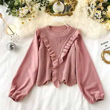 

Chic Women Pullover Sweater Puff Sleeve Stretch Ruffles Knit Tops Patchwork Knitting Ruffle Women's Sweaters