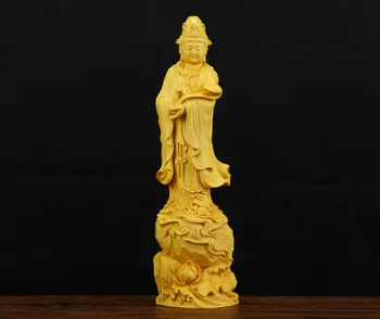

8.3" Chinese Box-wood Hand-carved Buddhism Ruyi Kwan-yin Guan Yin Stand Statue