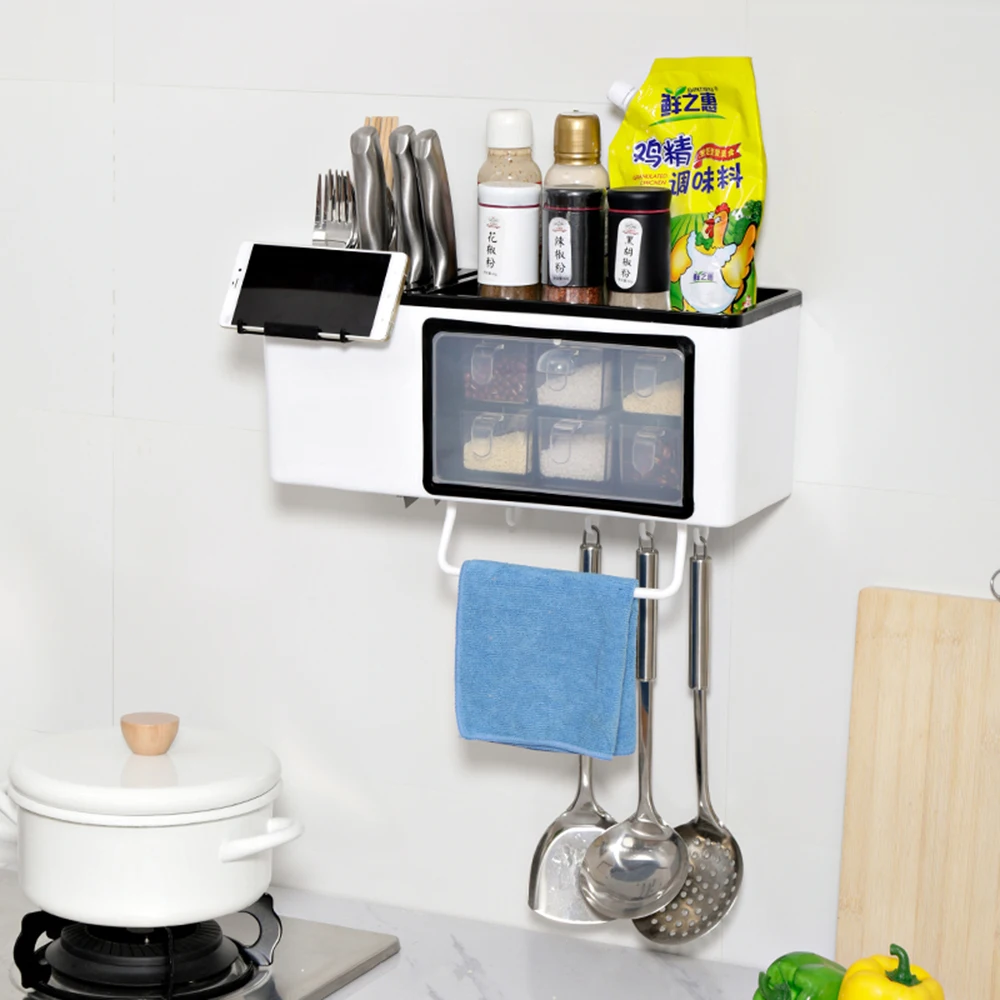 

Kitchen Spice Rack Wall Combination Storage Rack Storage Box Organizer for Knife Slice Spoon Duster Cloth Cutting Board Cruet