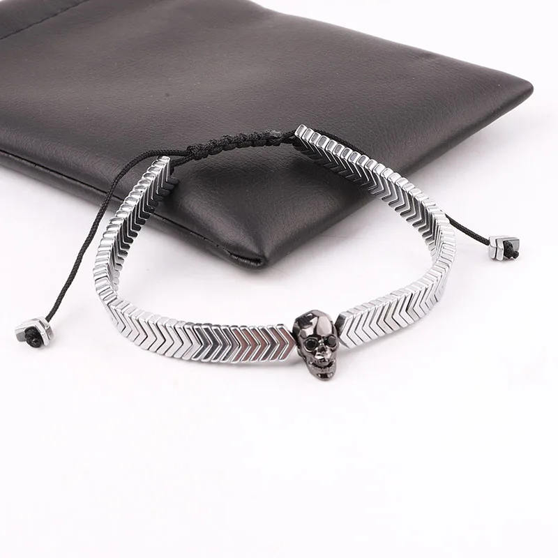 New Design Hematite Beads CZ Skull Macrame Adjustable Bracelet Jewelry For Men - Image 2