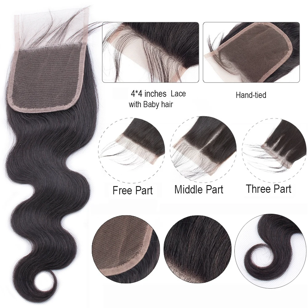 MQYQ бразильские волосы объемная волна 3 пряди с закрытием человеческие волосы пряди с закрытием кружева закрытие Remy человеческие волосы для наращивания