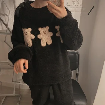 

Autumn Winter Flannel Pajamas Set Long Sleeve Warm Flannel Women Pyjamas Sets Thick Coral Velvet Cartoon Kawaii Bear Sleepwear