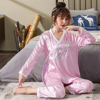 

FZSLCYIYI New costume Hanfu style pajamas long-sleeve trousers home service suit Chinese style rayon pijama