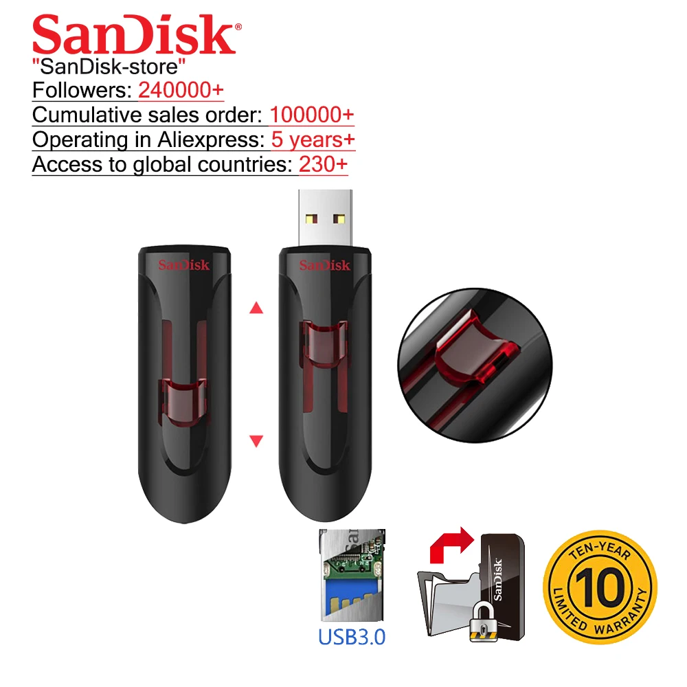 SanDisk оригинальная Флешка Usb usb3.0 usb-флешки memory stick 16 ГБ 32 ГБ 64 Гб 128 ГБ 10 лет ограниченная гарантия