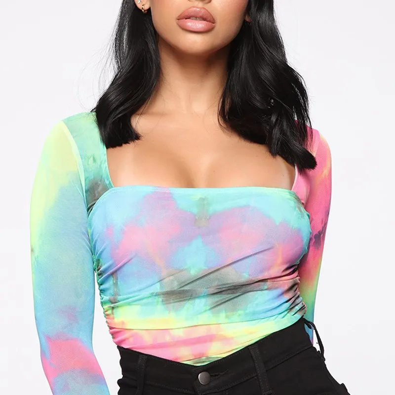 Сексуальный Tie Dye с принтом спинки боди стрейч квадратная Шея плиссированный сексуальный клубный комбинезон вечерние с длинным рукавом Облегающий комбинезон Femme